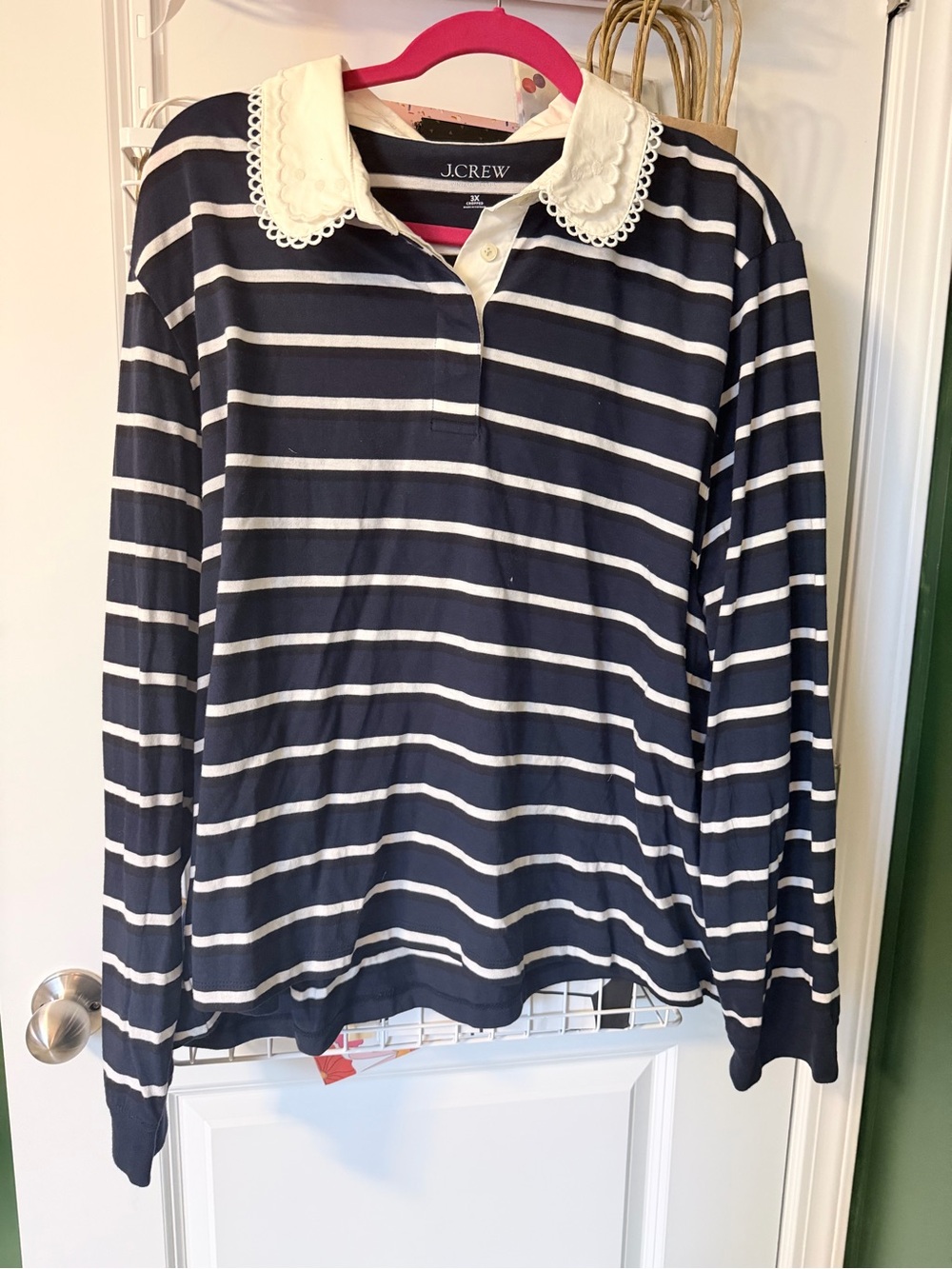 J. Crew Navy and White Striped Long-Sleeve Polo with Lace Trim Collar